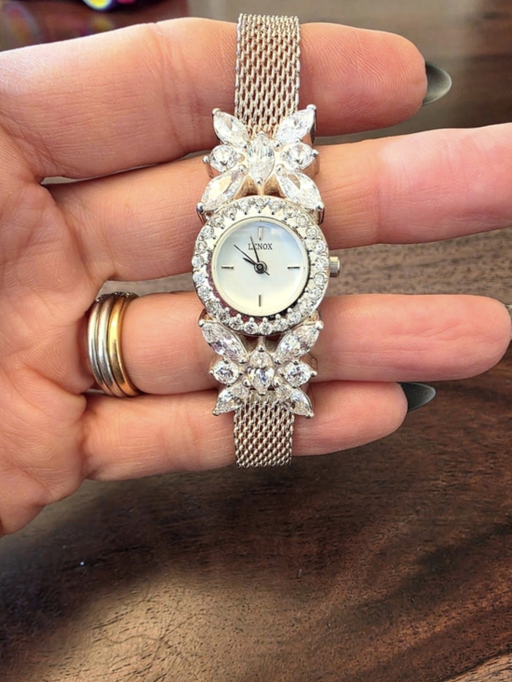 Lenox Crystal Accent Mesh Band Watch Silver